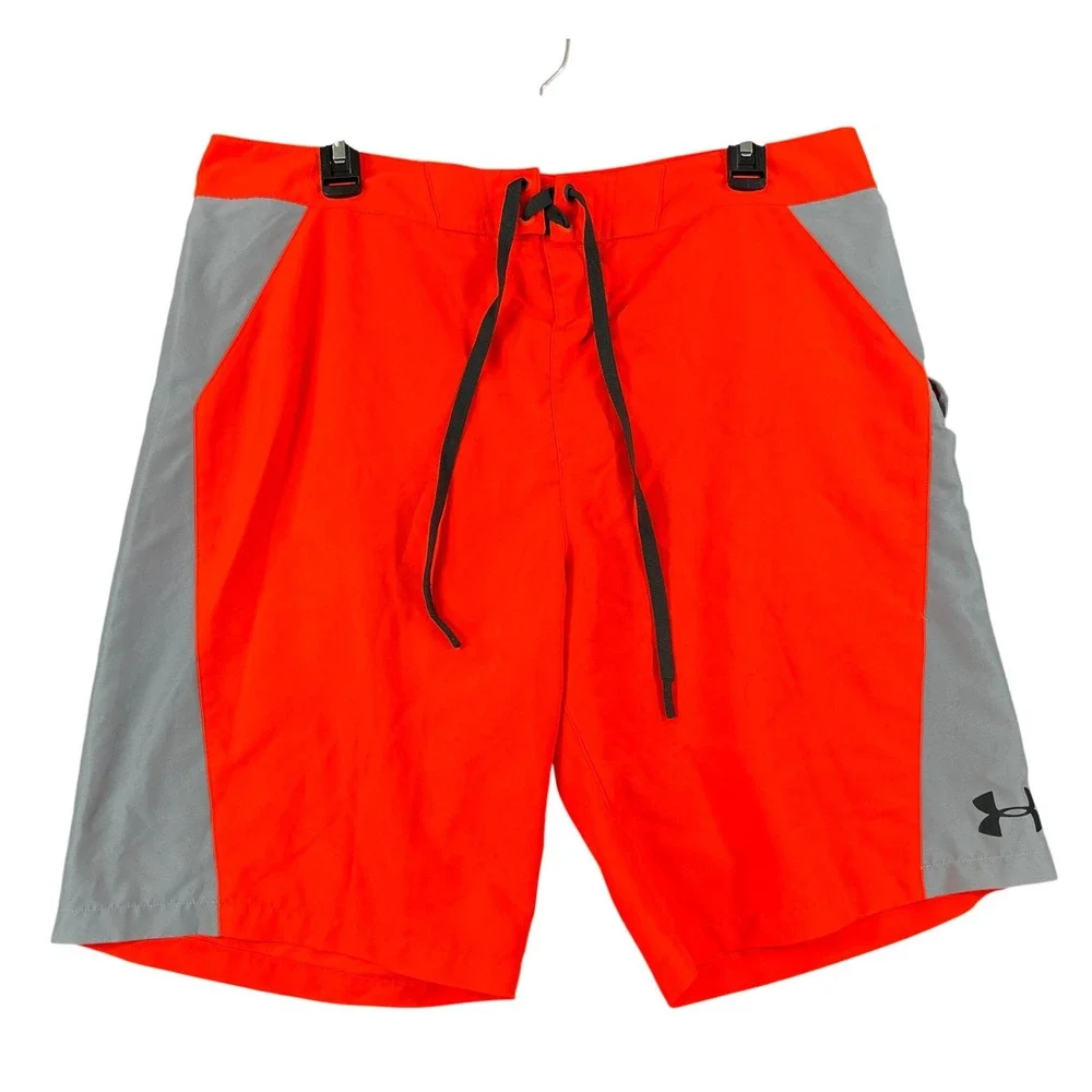 Under Armour Board Shorts Mens 34 Orange Gray Side Pocket Swim Trunks Beachwear